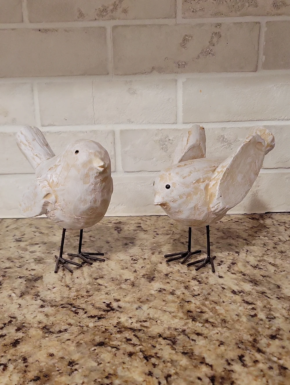 Rustic Distressed White Carved Faux Wood Bird Figurines With Wire Legs Set Of 2!